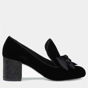 Rene Caovilla Black Velvet Block Heel Pumps Size 36.5