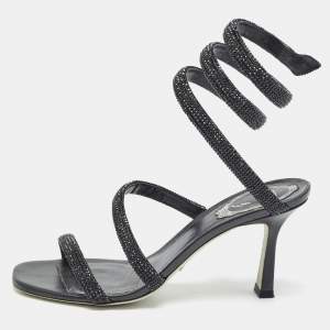 René Caovilla Black Crystal Embellished Satin Cleo Ankle Wrap Sandals Size 37  