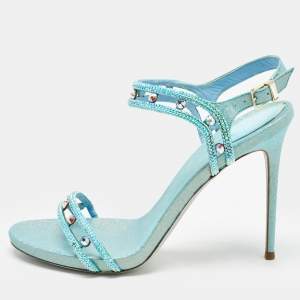 René Caovilla Metallic Blue Leather and Crystal Embellished Ankle Strap Sandals Size 39