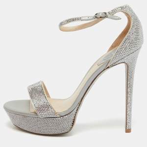 René Caovilla Grey Crystal Embellished Satin Platform Ankle Strap Sandals Size 38