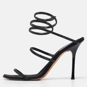 René Caovilla Black Satin Cleo Ankle Strap Sandals Size 39