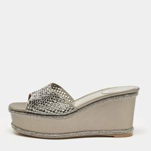 René Caovilla Grey Leather Crystal Embellished Wedge Sandals Size 38