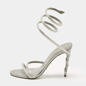 René Caovilla Silver Leather Cleo Ankle Strap Sandals Size 38