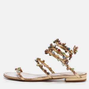 René Caovilla Gold Leather Crystal Embellished Ankle Strap Sandals Size 36