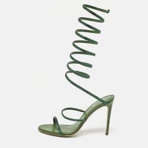 René Caovilla Green Leather Crystal Cleo Ankle Strap Sandals Size 39