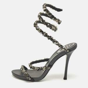 René Caovilla Black Satin Crystal Embellished Cleo Sandals Size 38.5