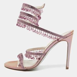 René Caovilla Pink Satin Crystal Embellished Chandelier Ankle Wrap Sandals Size 39