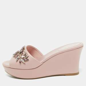 René Caovilla Pink Leather Crystal Embellished Platform Wedge Sandals Size 36