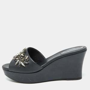 René Caovilla Black Leather Crystal Embellished Platform Wedge Sandals Size 36