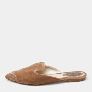 René Caovilla Brown Velvet Crystal Embellished Flat Mules Size 36