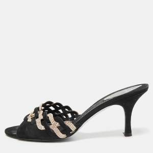 René Caovilla Black/Beige Suede and Satin Crystal Embellished Slide Sandals Size 39.5