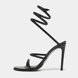 René Caovilla Black Leather Crystals Embellished Satin Cleo Sandals Size 37
