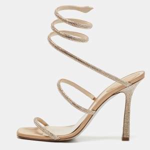 René Caovilla Beige Satin Crystal Embellished Cleo Ankle Strap Sandals Size 40