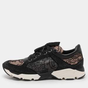 René Caovilla Black Lace and Leather Rhinestone Embellished Low Top Sneakers Size 36