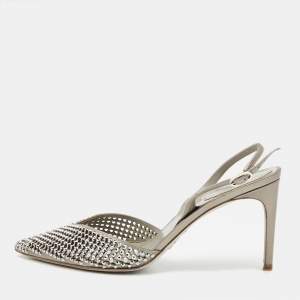 René Caovilla Silver Satin Crystal Embellished Slingback Pumps Size 38