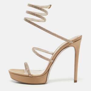 René Caovilla Beige Satin Cleo Ankle Wrap Sandals Size 41