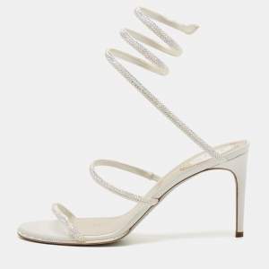 René Caovilla White Leather and Satin Crystal Embellished Cleo Ankle Strap Sandals Size 41