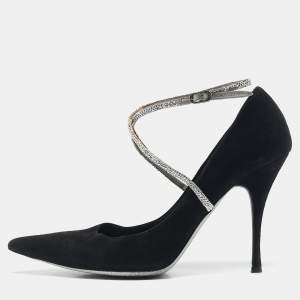 René Caovilla Black Suede Crystal Embellished Ankle Wrap Pumps Size 38.5