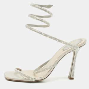 Rene Caovilla White Leather and Satin Crystal Embellished Ankle Wrap Sandals Size 41