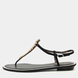 René Caovilla Black Suede Crystal Embellished Thong Sandals Size 37