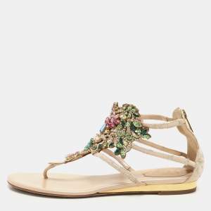 Rene Caovilla Beige/Multicolor Lace and Crystal Embellished Flat Sandals Size 37