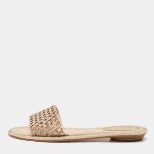 René Caovilla Beige Suede Crystal Embellished Flat Slides Size 37.5