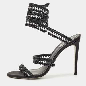René Caovilla Black Satin Chandelier Ankle Strap Sandals Size 40