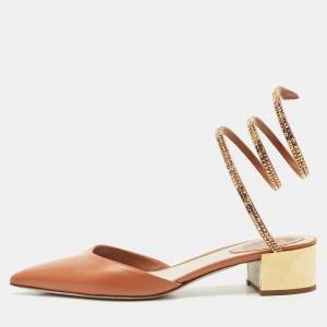 René Caovilla Brown Leather Crystal Embellished Ankle Wrap Pumps Size 37