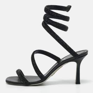 René Caovilla Black Satin Crystal Embellished Cleo Sandals Size 37