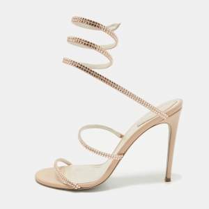 René Caovilla Beige Leather Crystal Embellished Cleo Sandals Size 40.5