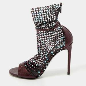 Rene Caovilla Metalic Purple Texture Leather And Lace Crystal Embellished Galaxia Booties Size 38