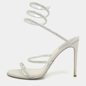 René Caovilla Metallic Silver Leather Crystal Cleo Ankle Strap Sandals Size 39.5