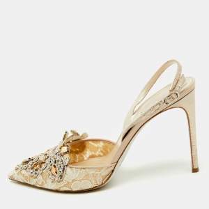 Rene Caovilla Beige Lace and Leather Crystal Embellished Slingback Pumps Size 41
