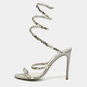 Pre Owned René Caovilla  Silver Leather Crystal Cleo Ankle Strap Sandals Size 41