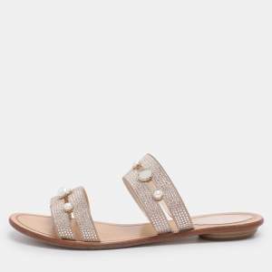 Pre Owned René Caovilla Beige Suede Crystal Embellished Slide Flat Sandals Size 38