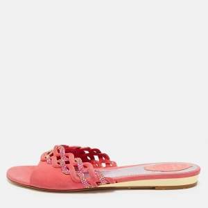 René Caovilla Pink Suede Crystals Embellished Flat Slides Size 41