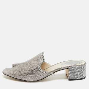 René Caovilla Grey//Silver Texture Leather Crystal Embellished Mules Size 41 