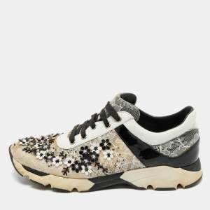 Pre Owned René Caovilla White/Black Leather and Mesh Flower Embellished Lace Up Sneakers Size 39