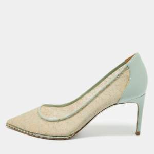 Pre Owned René Caovilla Blue/Beige Lace and Leather Pointed Toe Pumps Size 35.5