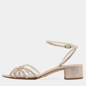 Pre Owned René Caovilla Beige Satin Crystal Embellished  Cleo Ankle Strap Sandals Size 40