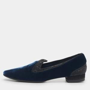 Pre Owned René Caovilla Blue Velvet Crystal Embellished Smoking Slippers Size 35