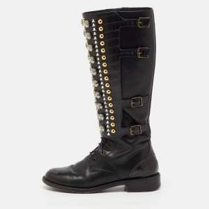 Pre Owned René Caovilla Black Croc Embossed and Leather Crystal Studded Knee Boots Size 36.5