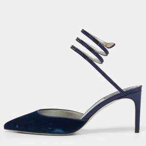 Pre Owned Rene Caovilla Navy Blue Velvet Cleo Crystal Embellished Ankle Wrap Pumps Size 38