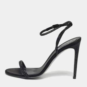 Pre Owned René Caovilla Black Satin Crystal Embellished Ankle Wrap Sandals Size 38