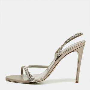 Pre Owned René Caovilla Grey Satin Crystal Embellish Slingback Sandals Size 39