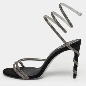 Pre Owned René Caovilla Cleo Size 40 Black Satin and Suede  Crystal Embellished Ankle Strap Sandals