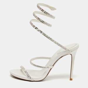 مملوكة مسبقًا René Caovilla Cleo Crystal Embellished Size 37 White Satin Ankle Strap Sandals
