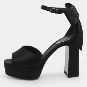 Pre Owned René Caovilla Size 37 Black Satin Ankle Strap Platform Sandals