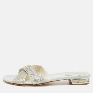 مملوكة مسبقًا René Caovilla Size 41 Gold Crystals and Satin Criss Cross Flat Slides