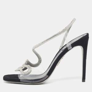 Pre Owned René Caovilla Cleo Size 38 Black/Transparent PVC and Suede Slingback Sandals